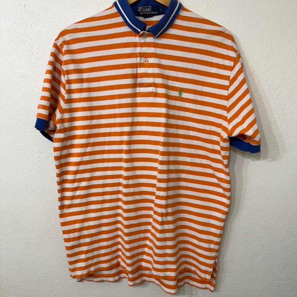 Orange and white striped short sleeve polo shirt